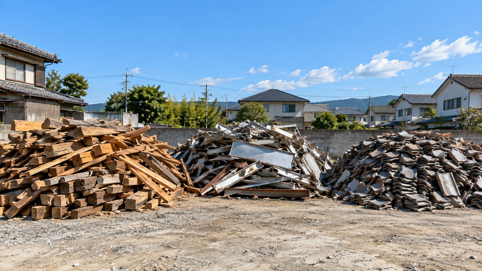 解体現場で木材・金属・瓦が別々の山に分別されているイメージ