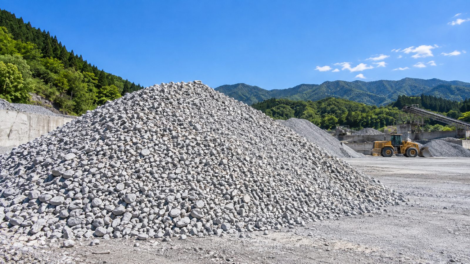 青空と緑の山を背に、中間処理場に積まれた再生砕石の山のイメージ